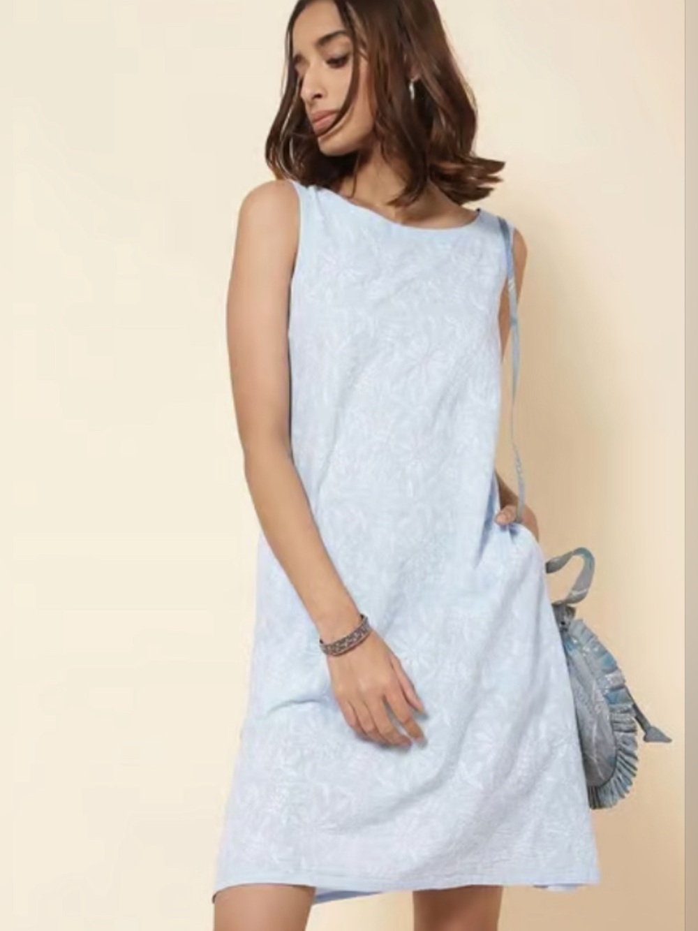 Fabindia Light Blue Embroidered Cotton Shift Dress Size Medium